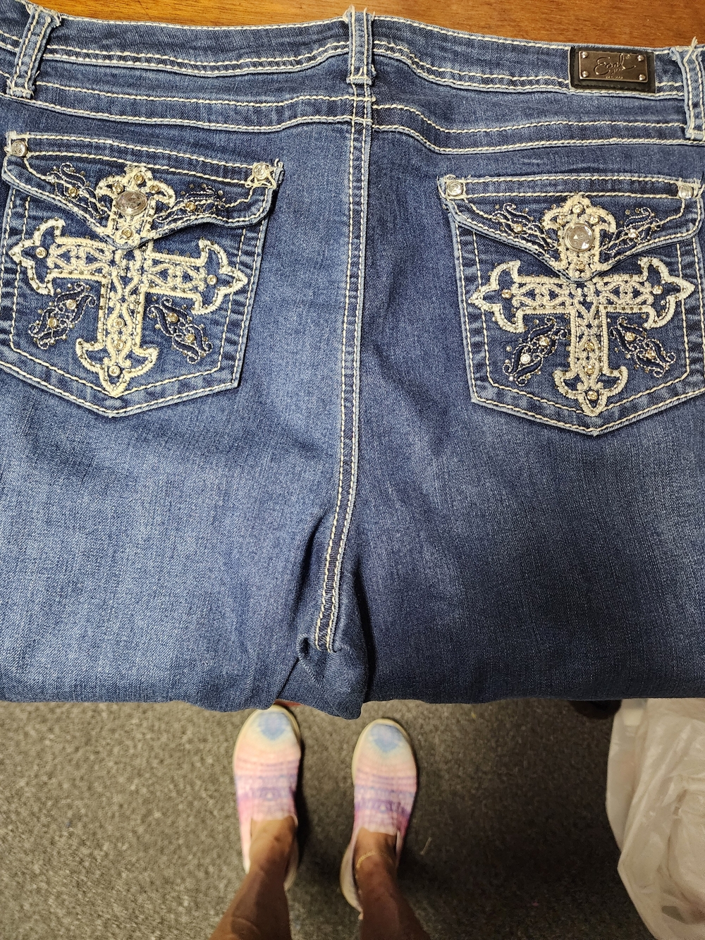 Earl Jeans Dark Blue Boot Cut Jeans with Embellished Cross Pockets Mid Rise.